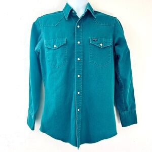 WRANGLER Vtg Western Brushpopper Shirt Men M 15.5/34 Teal Pearl Snap Long Tail
